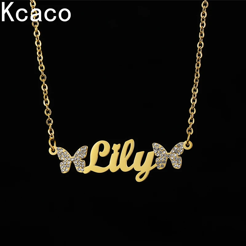 Kcaco Personalized Name Stainless Steel Necklace with 2 Crystal Butterfly Customized Letter Zircon Pendant Choker for Women Gift