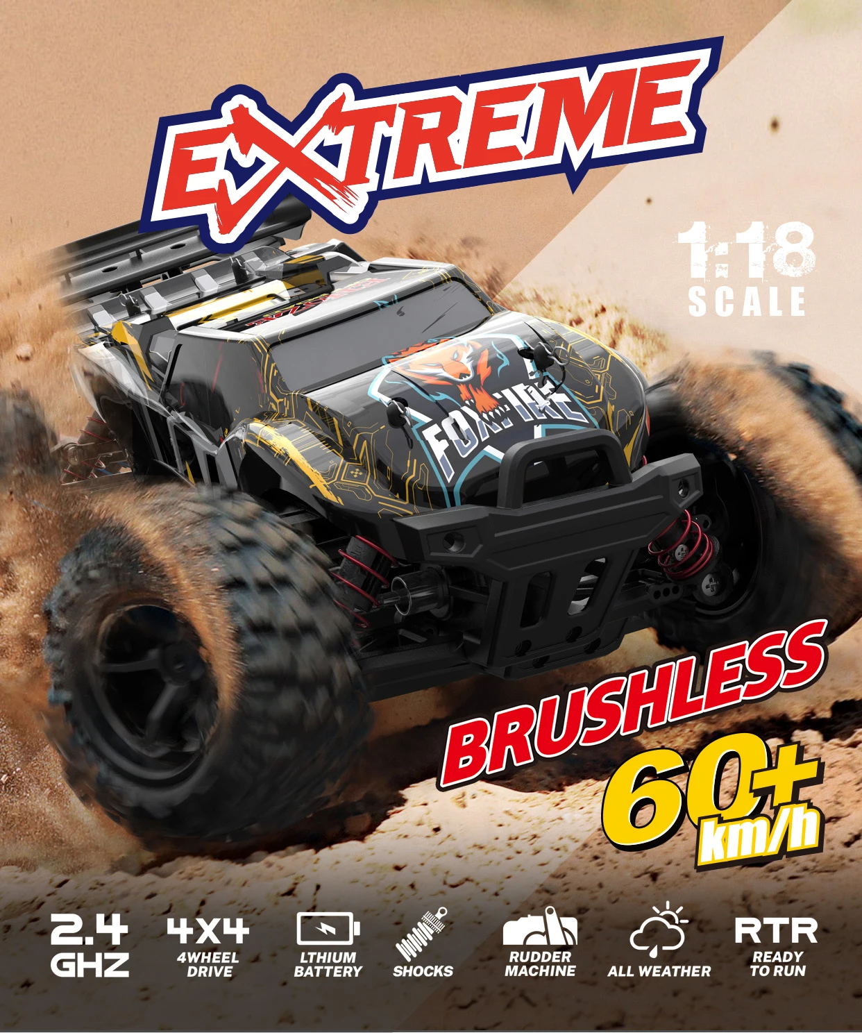 Remote Control Car for Kids Adults 60KM/H 4x4 Power 1:18 Scale Brushless  Motor, Hobby Electric Monster RC Truck All Terrain off Road 2 Batteries