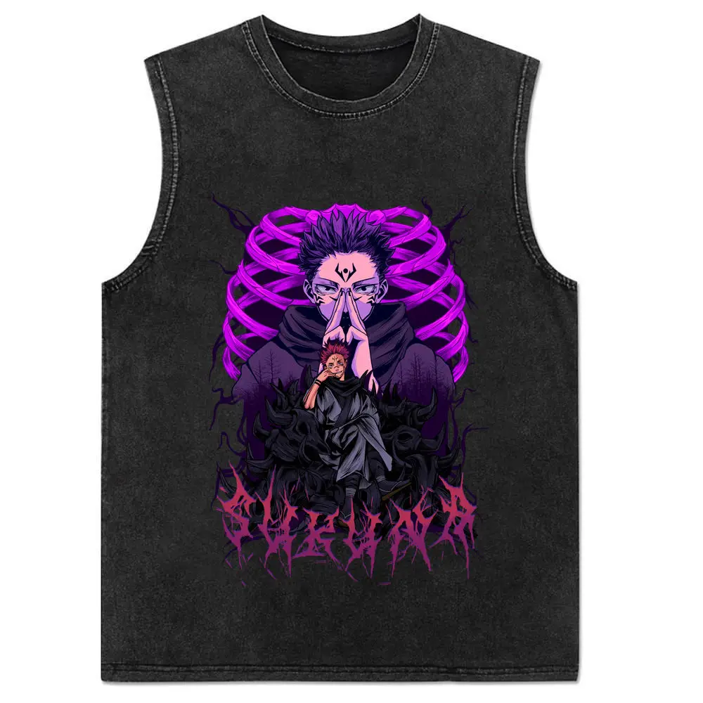 2024 New Vest Summer, Spell Back To War, Anime Printed Cotton Vest Men's Washed Retro Sleeveless T-shirt Ins