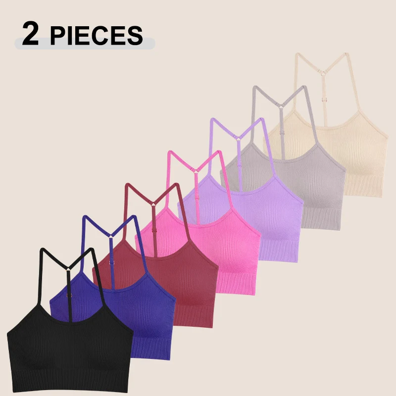 2Pc Solid Color Y-line Straps Gym Training Bra Women High Strength Sport Push Up Sport Yoga Vest Female Ribbed Workout Underwear 1