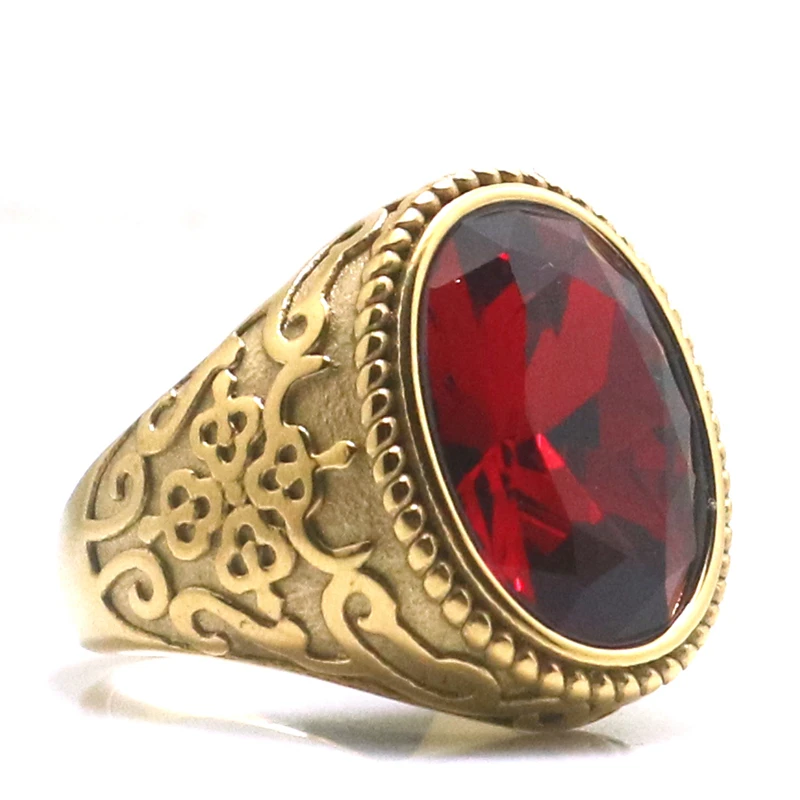 Unisex 316L Stainless Steel Cool Big Red Stone Vintage Ring Newest