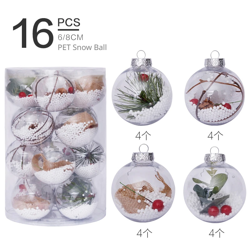 

Christmas Ball Ornaments 8cm/16pcs Transparent Christmas Ball Set Tree Pendant Snow Ball Polistyrene Home Decoration Accessories