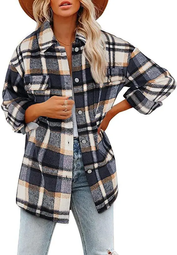 Fashion Long-sleeved Loose Plaid Shirt Woolen Coat Women\'s Autumn Winter Thickening Casual Loose Pocket Shirt Coat Top Women
