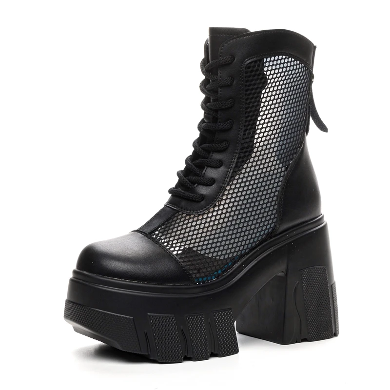 AIYUQI Women Summer Boots Genuine Leather 2024 New Mesh Women Cool Boots 11cm Height Platform Women's Ankle Boots