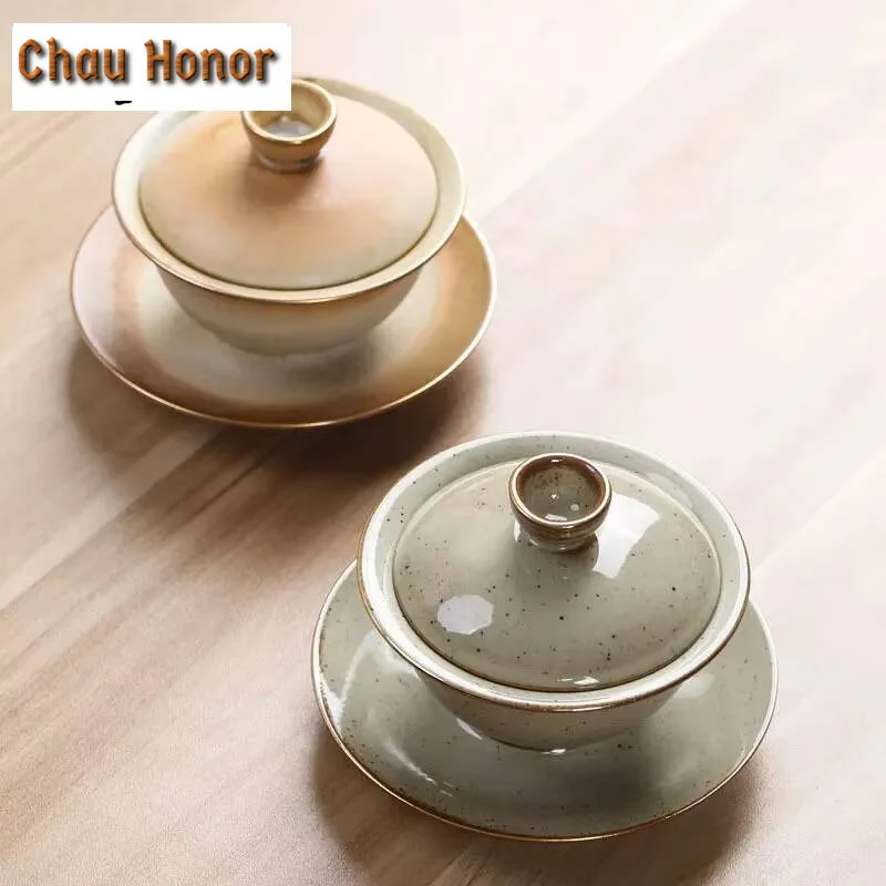 120ml Retro Coarse Pottery San Cai GaiWan Tea Cup Handmade Household Puer Kung Fu Teaset Tea Ceremony Drinkware Accessories Gift