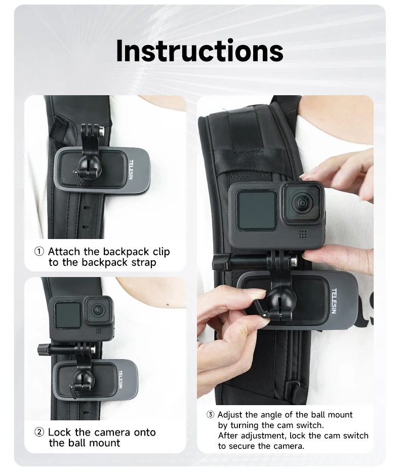 TELESIN 360° Rotation Magnetic Backpack Clip Clamp Mount for GoPro Hero 11 10 9