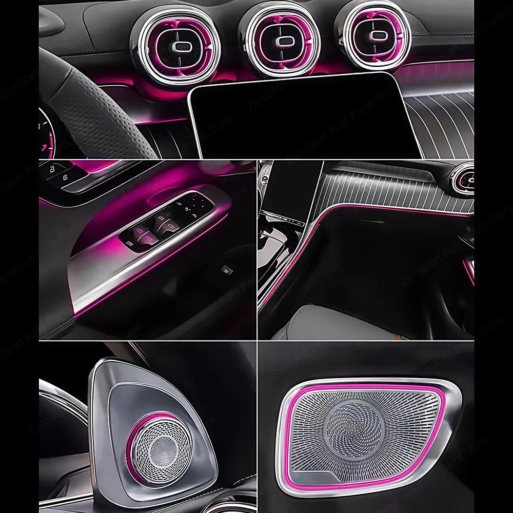 메르세데스 벤츠 W206 X254 GLC C클래스용 차량 64색 앰비언트 라이트 LED 에어벤트 도어 핸들 램프 인테리어 4D 회전 트위터
