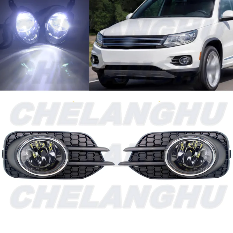 For VW Tiguan 2011 2012 2013 2014 2015 US Version Set Front Bumper Fog Light Fog Lamp +LED Bulbs+Grille cover