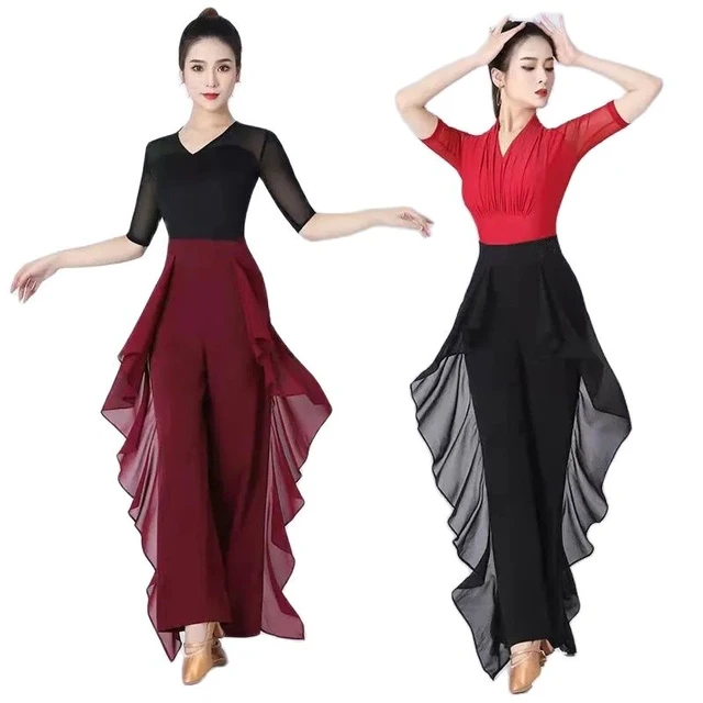 Pantalones de cintura alta para mujer, leggins de piernas anchos, pantalones  de baile latino para mujer, pantalones de baile modernos para mujer,  pantalones de puesta en escena SL5125 - AliExpress