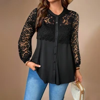 Plus Size Womens Solid Lace Lantern Sleeve Tunic Tops Spring & Autumn Ladies Stand Collar Office Work Casual T Shirt Size1XL-5XL