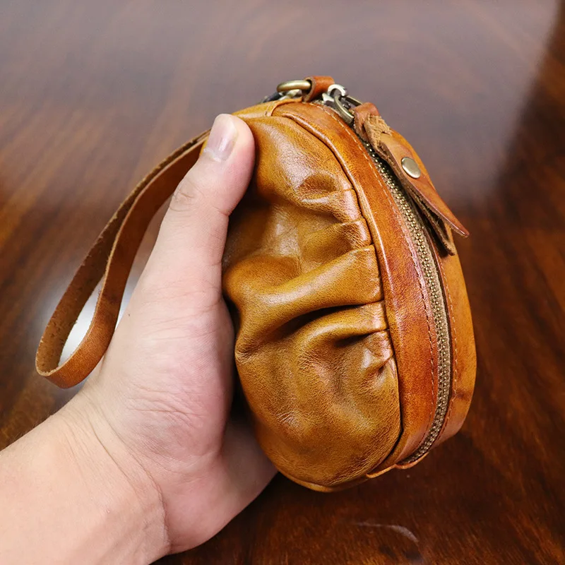 

New vegetable tanned leather handmade color wiping women's zero wallet retro pleated handbag women's multi-functional wallet