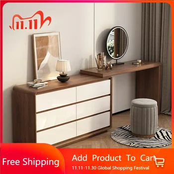 White Bedroom Dresser Cabinet Modern Nordic Wood Women Led Mirror Makeup Table Storage Drawer Penteadeiras Furniture For Home