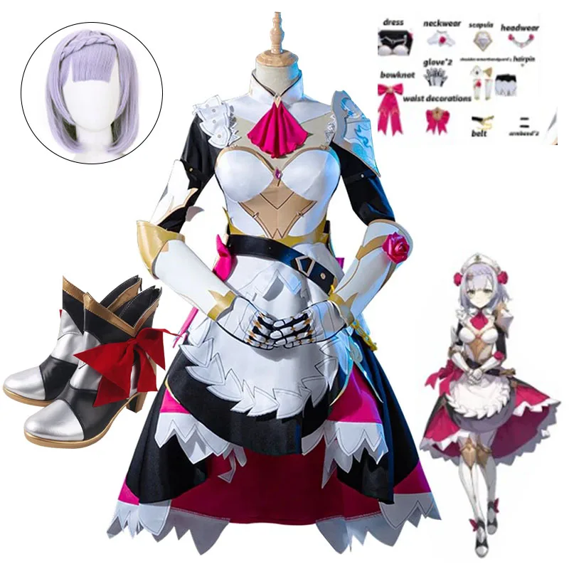 

Anime Game Genshin Impact Noelle Cosplay Costume Knights Maid Dress Wig Shoes Boot Uniform Halloween Party Outfit for Women Girl