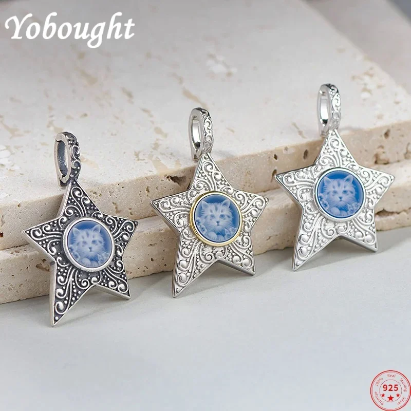 Ciondoli In Argento Sterling S925 Per Donna Uomo New Fashion Blue Agate Cat Five-Poinet Stars Vintage Totem Jewelry Spedizione Gratuita
