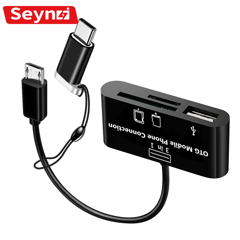 SeynLi 3 in 1 Micro USB Type C OTG Card Reader USB Cable SD/TF Card Reader Adapter Data Transfer USB C OTG Adapter Expansion phone jack to usb converter