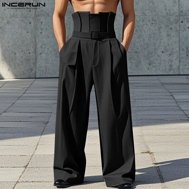 INCERUN Summer Men Pants Fashion High Waist Male Pantalons Zipper Long Pants Casual Long Trousers Men's Clothing Wide Leg Pant 3