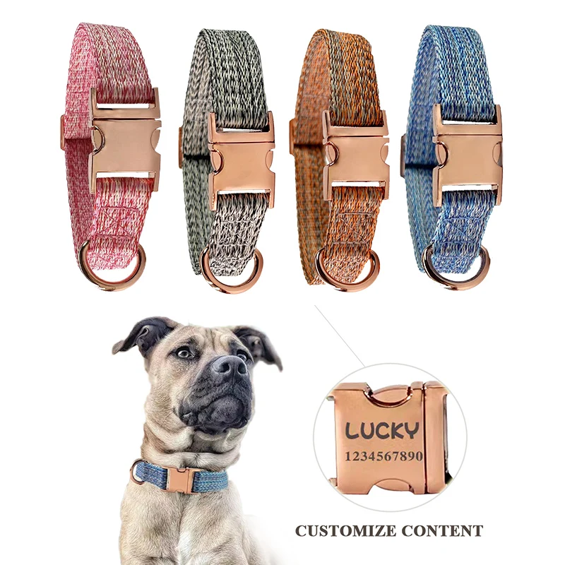

Customized Name Dog collars Free Engraved Nameplate Adjustable Linen Collar Rope Leash Set Durable Personalized ID Tag For Dog