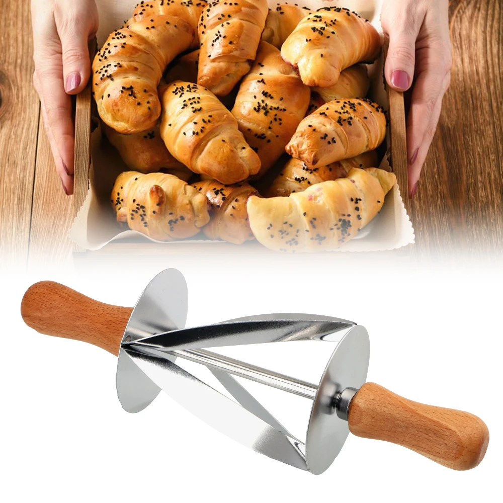 Wooden Handle Rolling Cutter for Making Croissant Bread Dough Pastry Fondant Strip Ribbon Cutter Stainless Steel