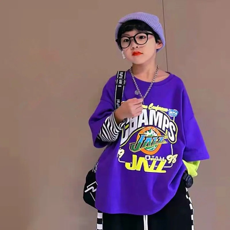 Young Boys' Fake Two Pieces Sweatshirts Pullover O-neck Cartoon Letter Printing Long Sleeve Shirts Striped Patchwork 4-12 Yrs kids sweater kids hoodie sweatshirts