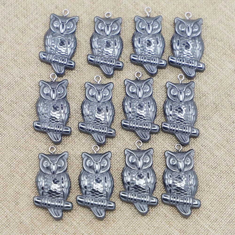 Nature Stone Hematite Bone Owl Pendant Hip Hop Punk Bead Fashion Charm Metal Necklace Making Jewelry Accessories Wholesale 20Pcs