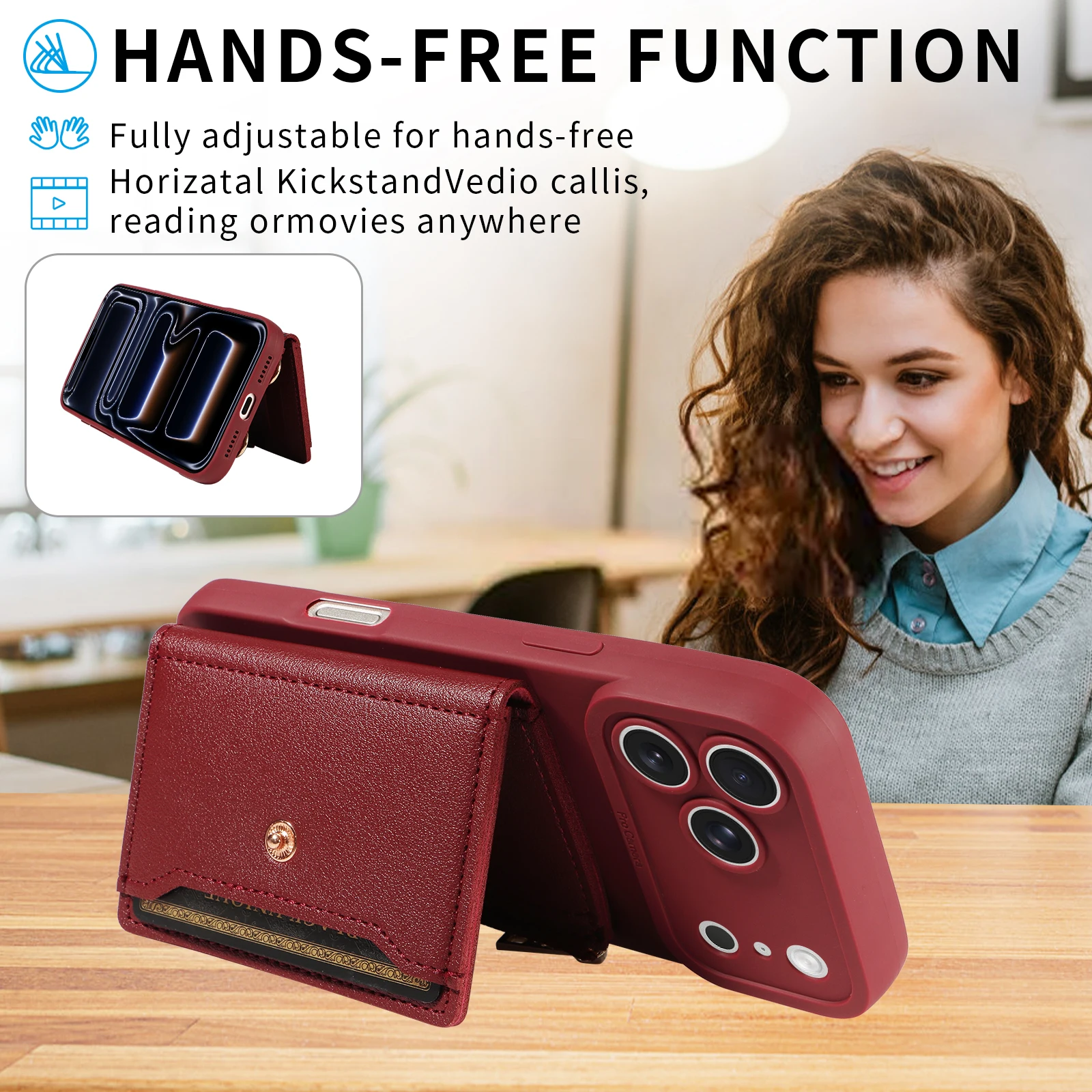 Leather Phone Case with Mirror & Pearl-Studded Strap - Shockproof Cover