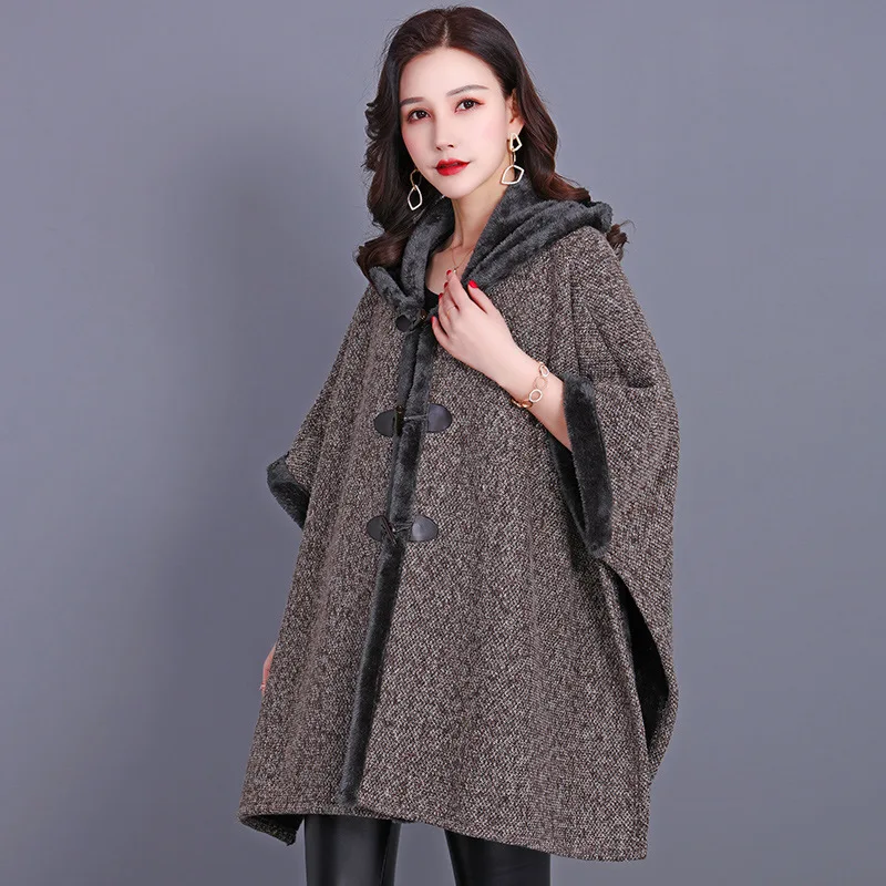 

Autumn Winter New Knitted Shawl Coat Cardigan Imitate Cashmere Thickening Inside Poncho Fashionable Upscale Capes Khaki Cloaks
