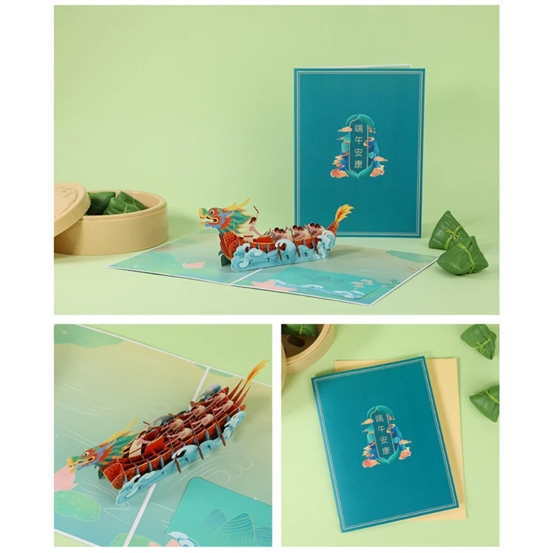 Chinese Dragon Boats Festival Greeting Card 3D Pop-Up Paper Cards with Envelope For New Year Party Fathers Day Gift B03E