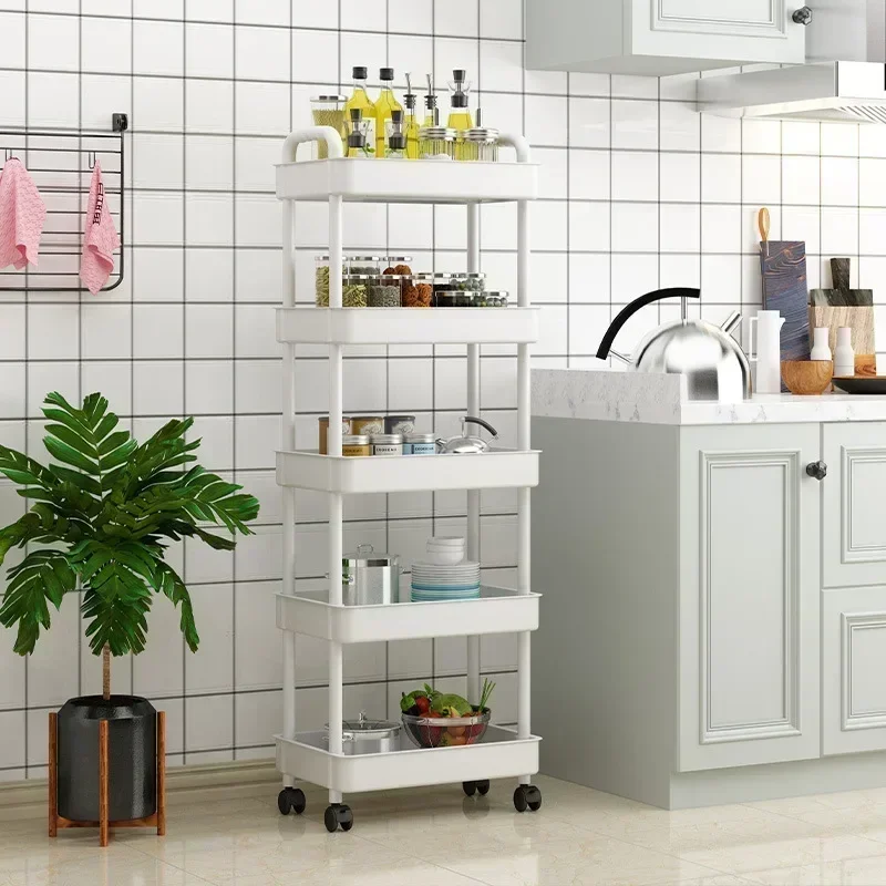 Plastic Trolley Storage Rack Floor Standing Kitchen Bathroom Multi-layer Snack Storage Rack Movable Clip on Rack
