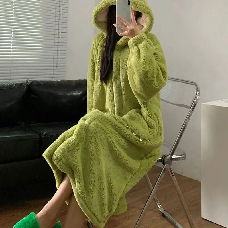 Plus Size Cartoon Long Robe Couple Models Hooded Pajamas Facecloth Bathrobe Autumn and Winter Coral Fleece Robe Women Homewear 5