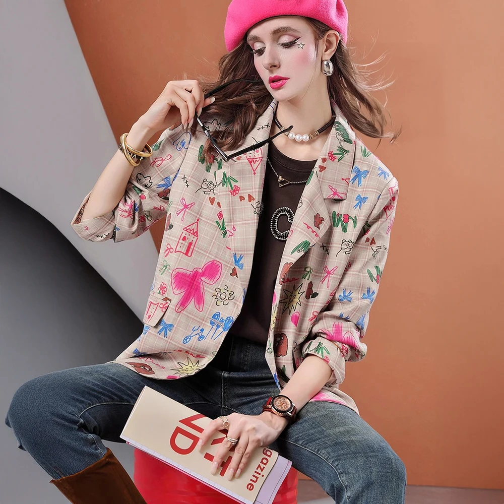Autumn mid-length hand-painted graffiti print casual women's plaid suit jacket 2