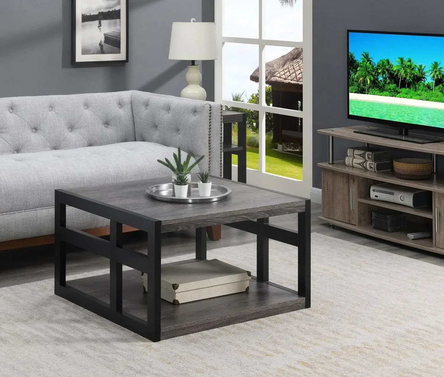 Monterey Square Coffee Table with Shelf, Weathered Gray/Black 2