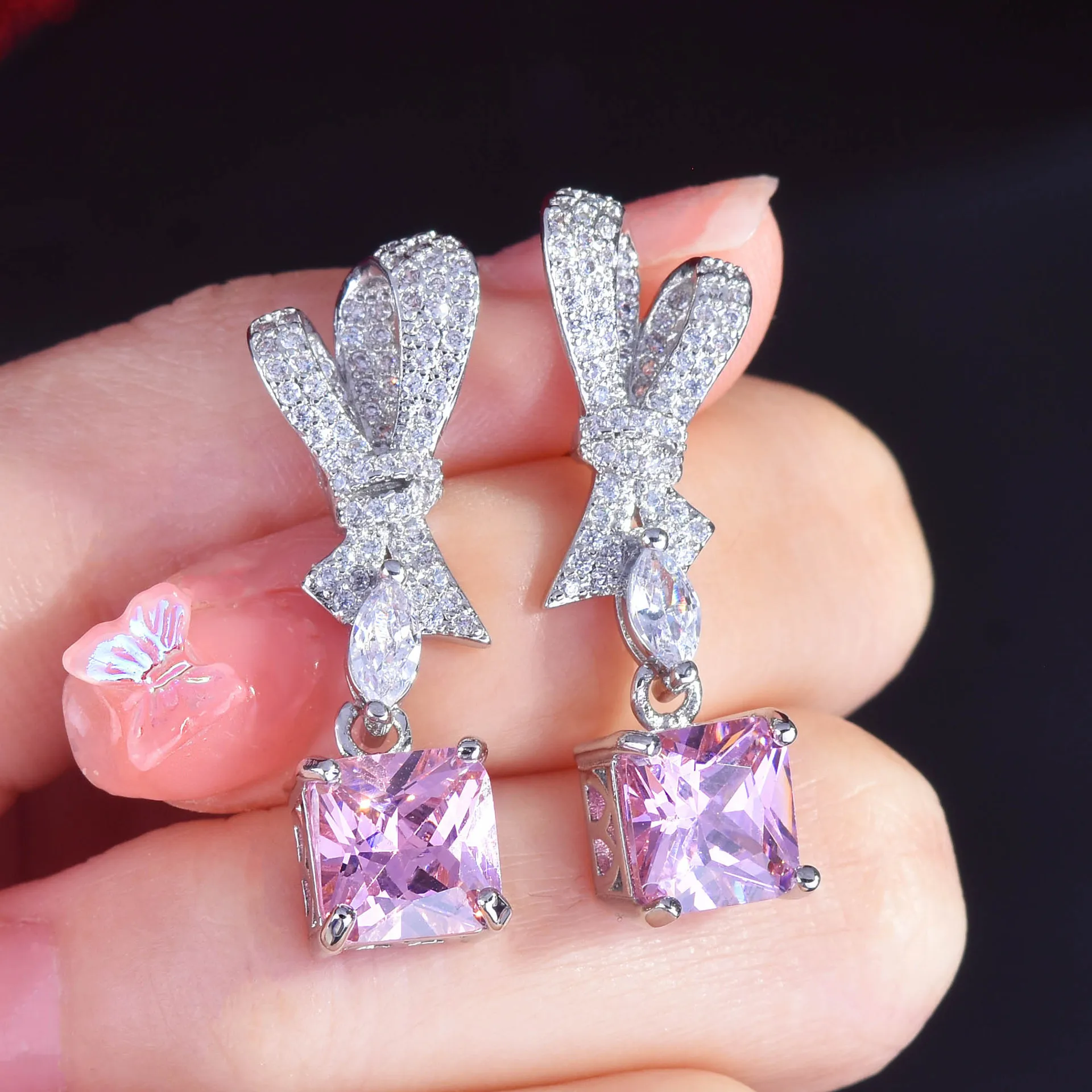 

New Bow Pendant Square Yellow Pink Earring Women Luxury Fine Jewelry 925 Sterling Silver Gift Party Brithday Free Shipping