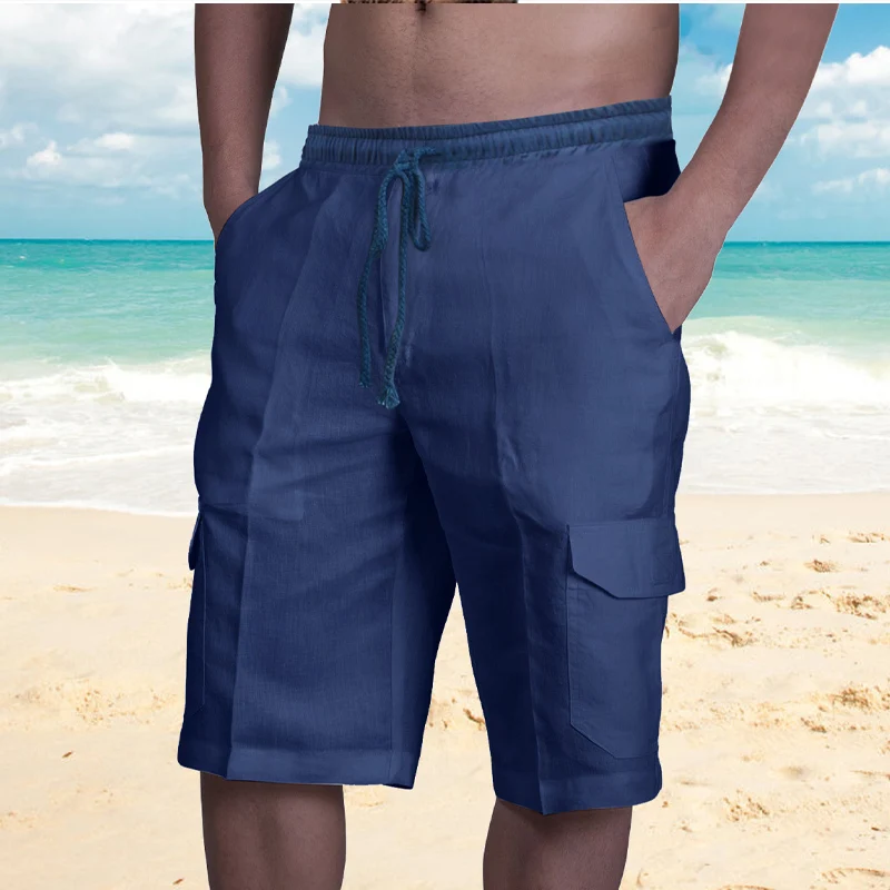 Summer New Solid Color Fashion Shorts Man High Street Elastic Waist Drawstring Pockets Fiberflax All-match Knee Length Pants