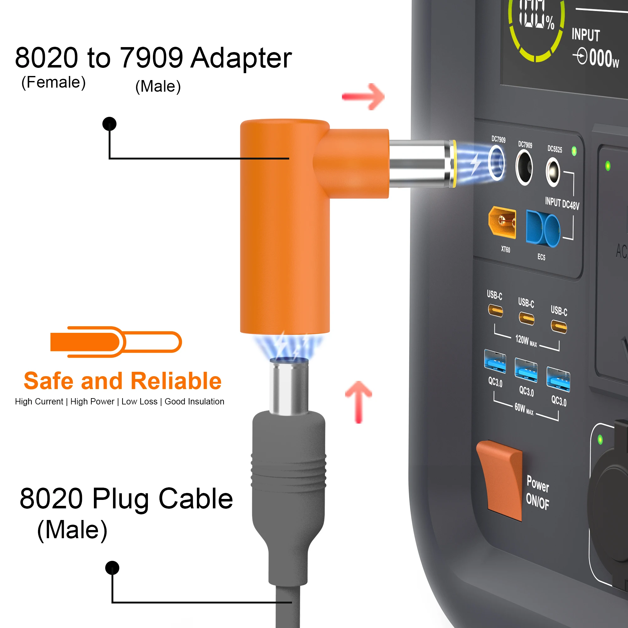 DC8020-DC7909 어댑터 90도 태양광 패널 커넥터 어댑터, DC8020 암 커넥터-DC7909 수 커넥터
