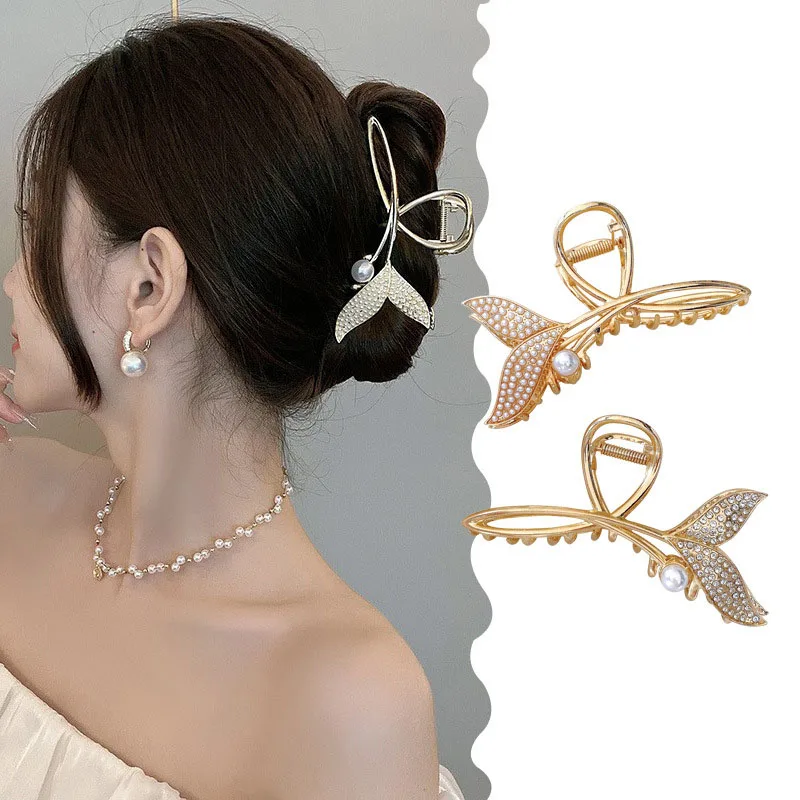 2022 New shiny Fishtail Hair Clip Female Summer Large Back Head High-Quality Pearl Hairpin Shark Clip Hair Accessories decorate gold hollow double adjustable pin buckle ladies s vintage elastic belt detachable waist decorate girdlefor women female clothing