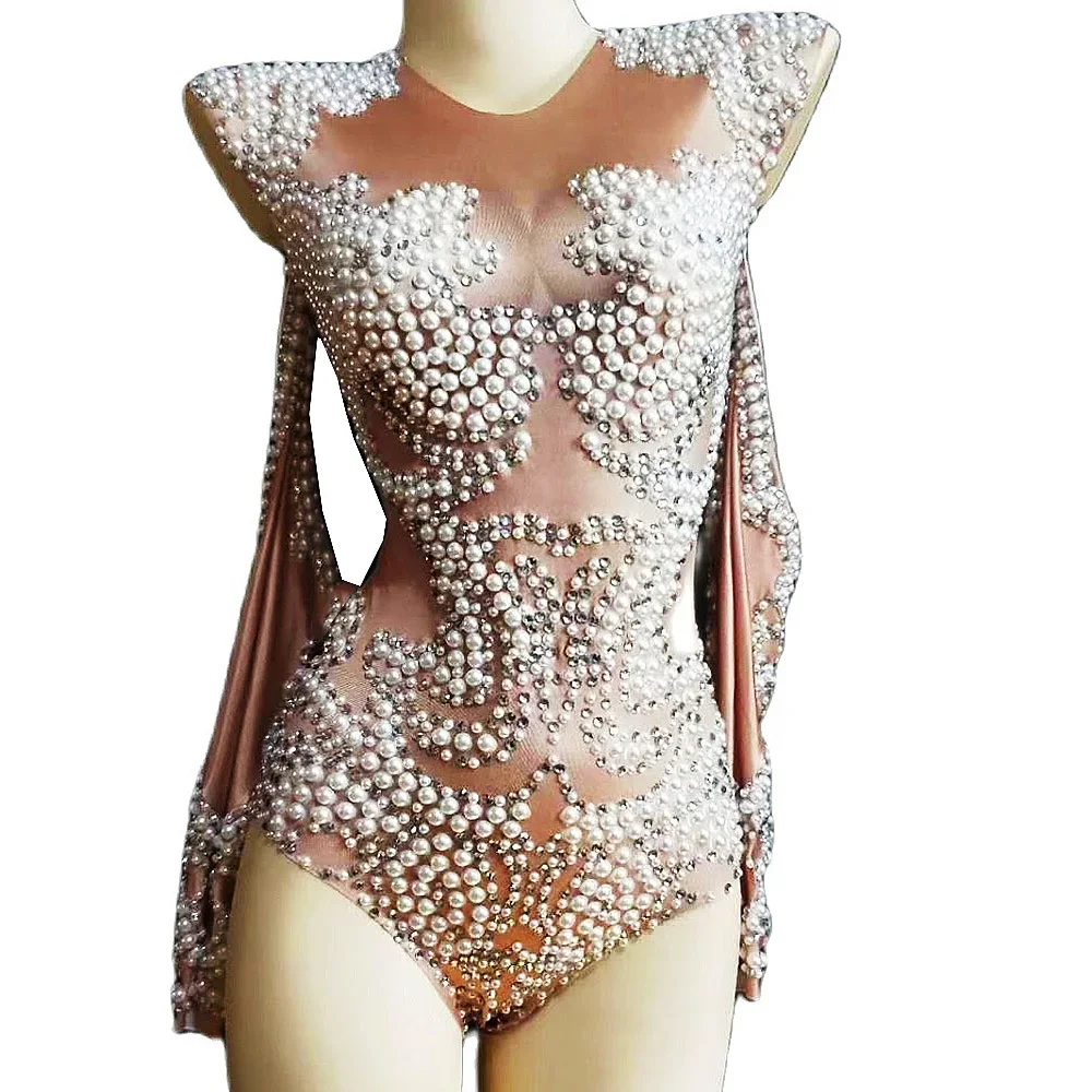 

White Pearls Women Pole Dancing Stage Wear Sparkly Rhinestones Nightclub Costumes Evening Prom Off Shoulder Long Sleeve Jumpsuit