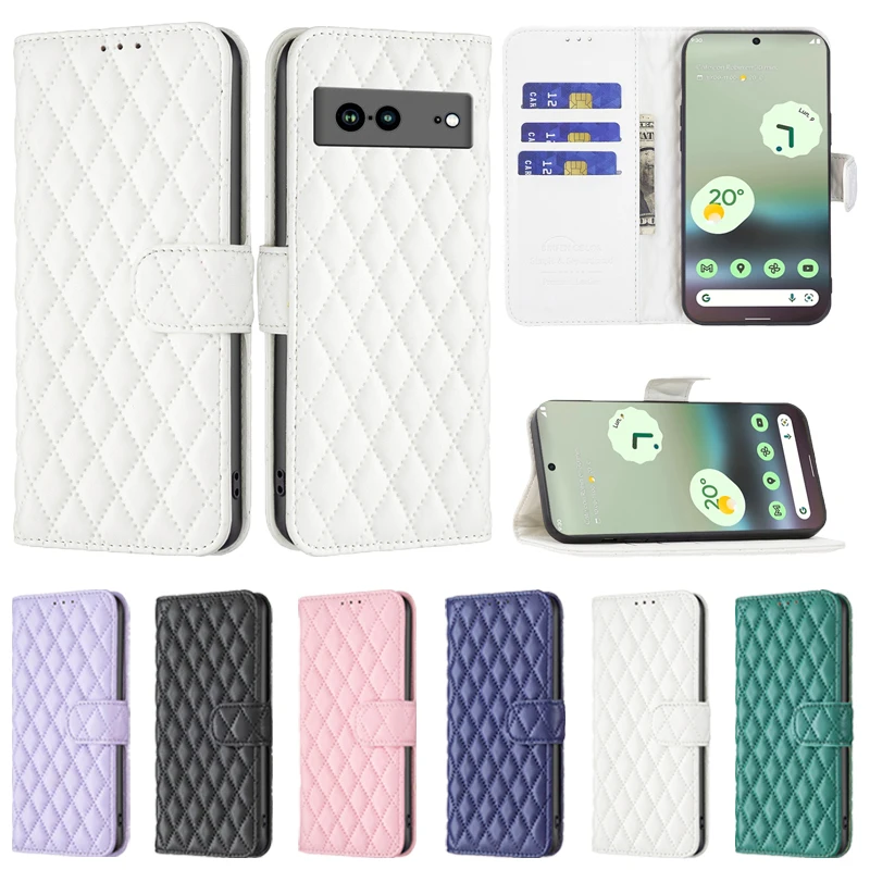 

Wallet Small Fragrance Flap Magnetic Belt Bracket Leather Pure Colour Rhombus Grid Wallet Leather Case For Google Pixel 7A 8 Pro