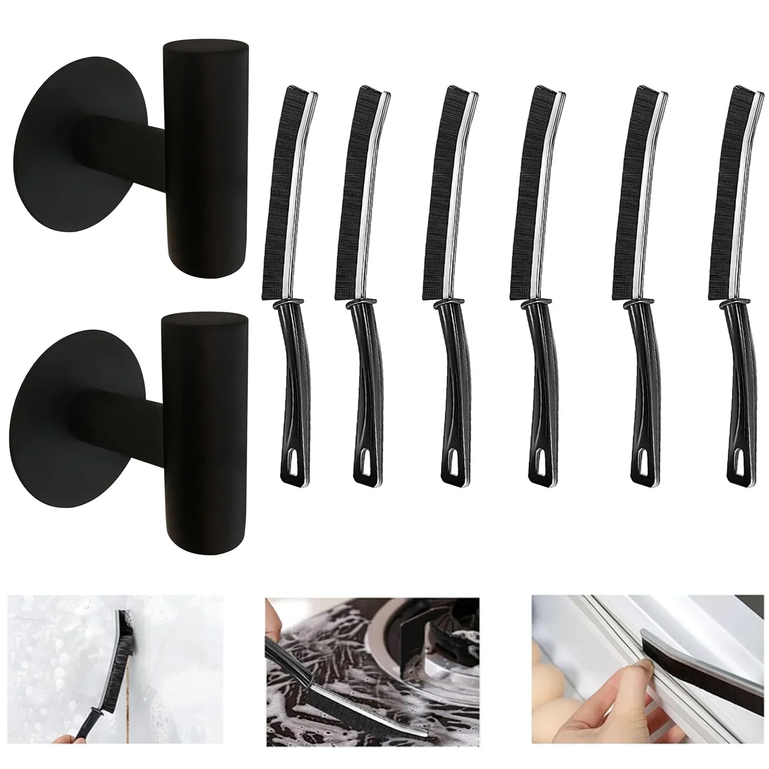 8-piece Bathroom Cleaning and Organizing Set, 2-piece Adhesive Wall Hooks, 6-piece Stiff-bristle Crevice Cleaning Brush