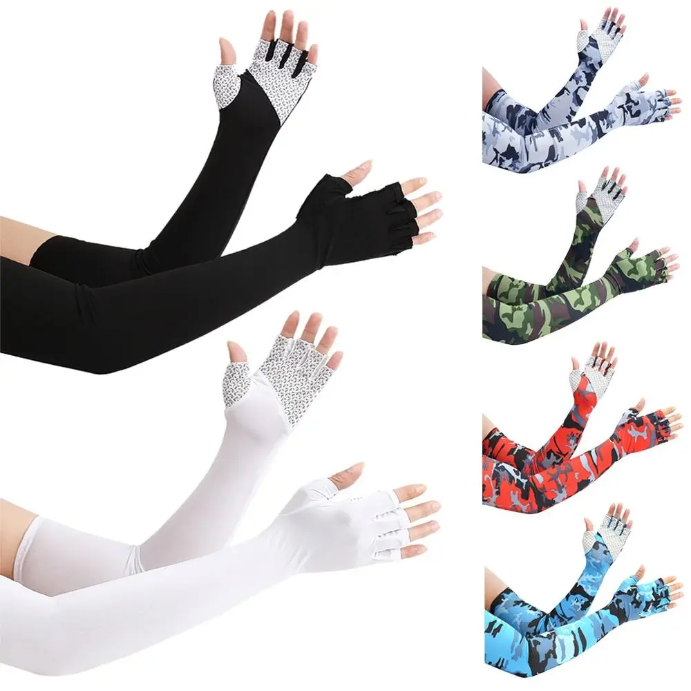 1 Pair Cooling Arm Sleeves Cover Camo Half Finger Gloves Women Men Sports Running UV Protection