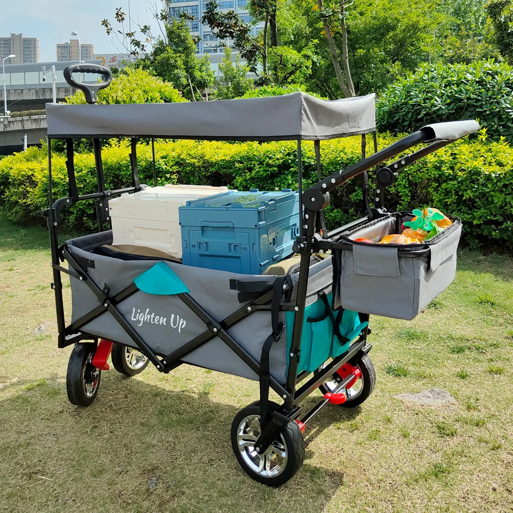 

Folding Garden Trolley Cart with Roof Wheels Brake Transport Metal Steel Trolley for Sun Protection Garden Camping Children
