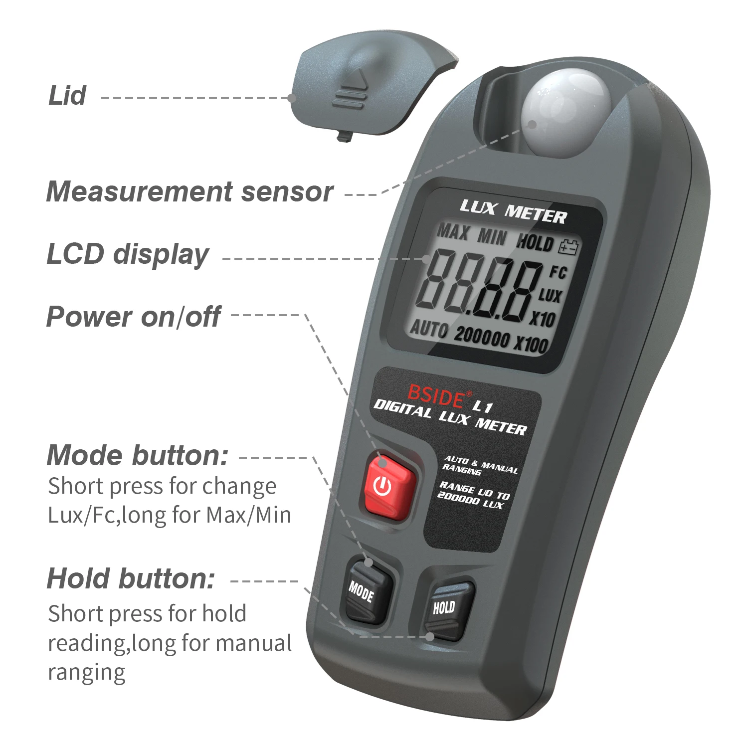 BSIDE Portable Digital Lux Meter 0~200,000lux LCD Lux / FC thumbnail 6