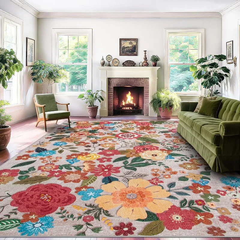 Retro Living Room Carpet Large Area Floral Print Bedroom Rugs Machine Washable Non-slip Soft Coffee Table Mats Alfombra Tapis 러그