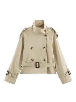 HH المرأة خمر الصلبة حزام خندق معطف سترة واقية مزدوجة الصدر طويلة الأكمام جاكيتات الخريف أزياء شارع العليا سيدة أبلى