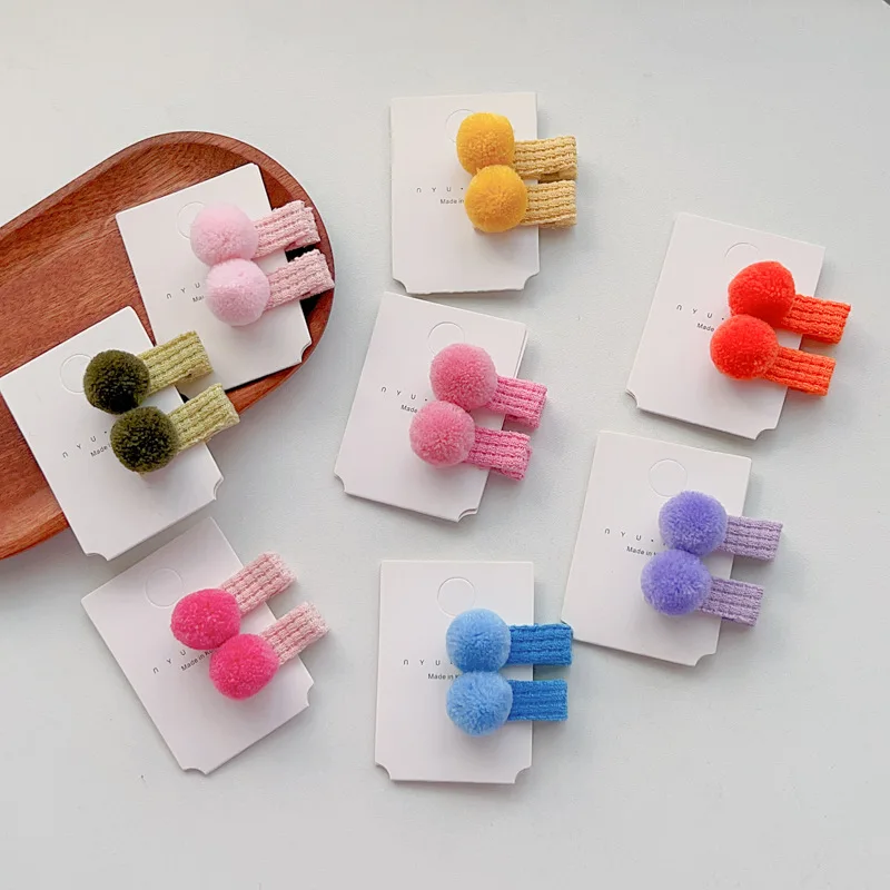 Neue 2 stücke koreanische kawaii Bonbon farbe Pompons Haars pangen kleine Mädchen Prinzessin Haars pangen Kopf bedeckung Mädchen Kinder Haarschmuck – Detail 1