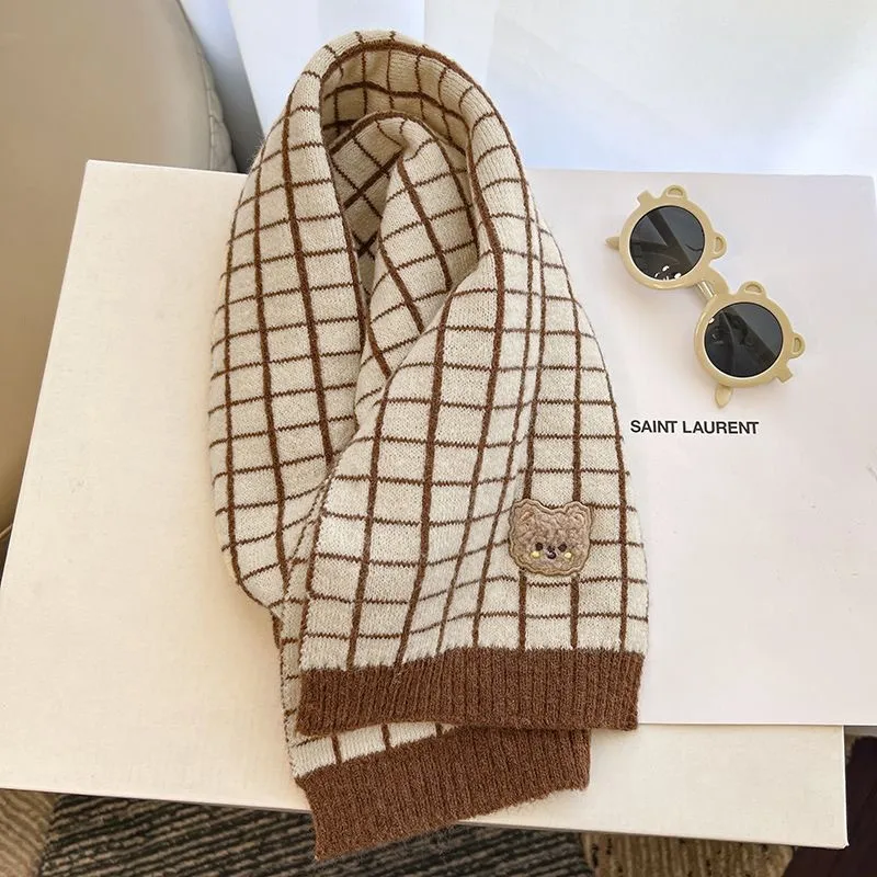 Cute Plaid Striped Bear Kids Scarf Korean Knitted Winter Warm Scarves Children Girl Boys Outdoor Cold-proof Neckcheif Shawl