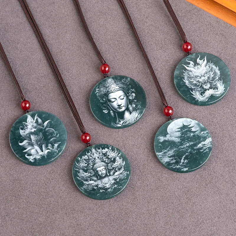 Natural A-Grade Jade Blue Water Shadow Sculpture Statua Di Buddha Guanyin Dragon Brand Ice Jadeite Ciondolo Per Uomo Gioielli Da Donna