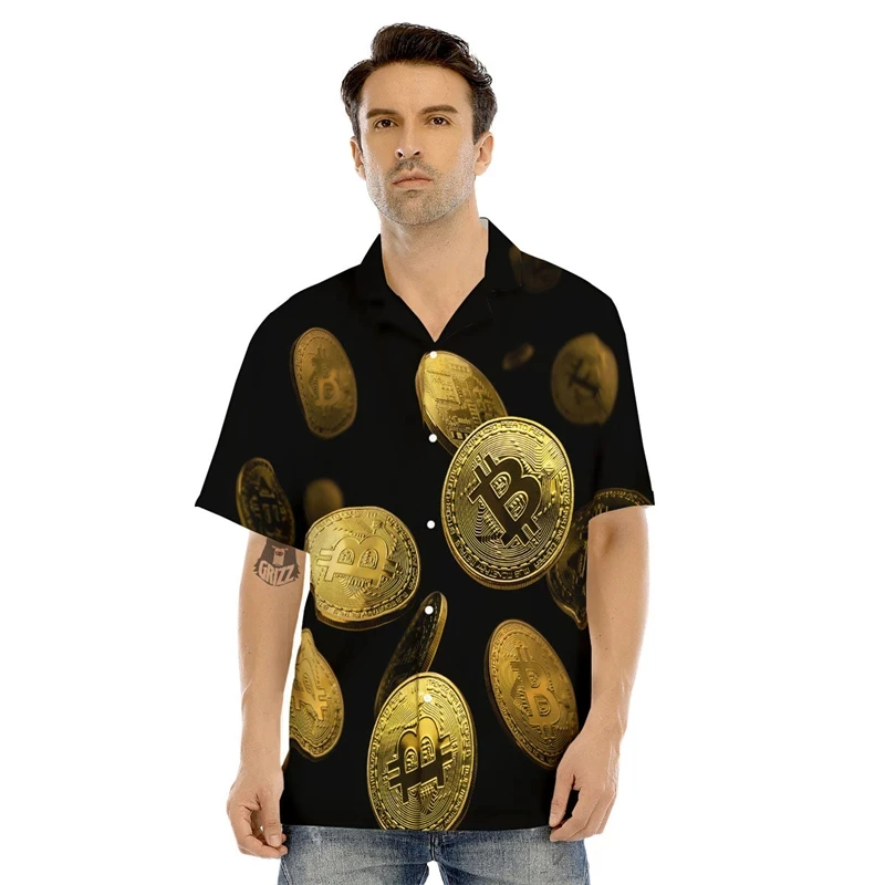 thumbnail image 1 of Camisas de playa con estampado 3D de Bitcoin para hombre, camisas de manga corta con botones, estilo hawaiano, blusas casuales para hombre, 1 of 5