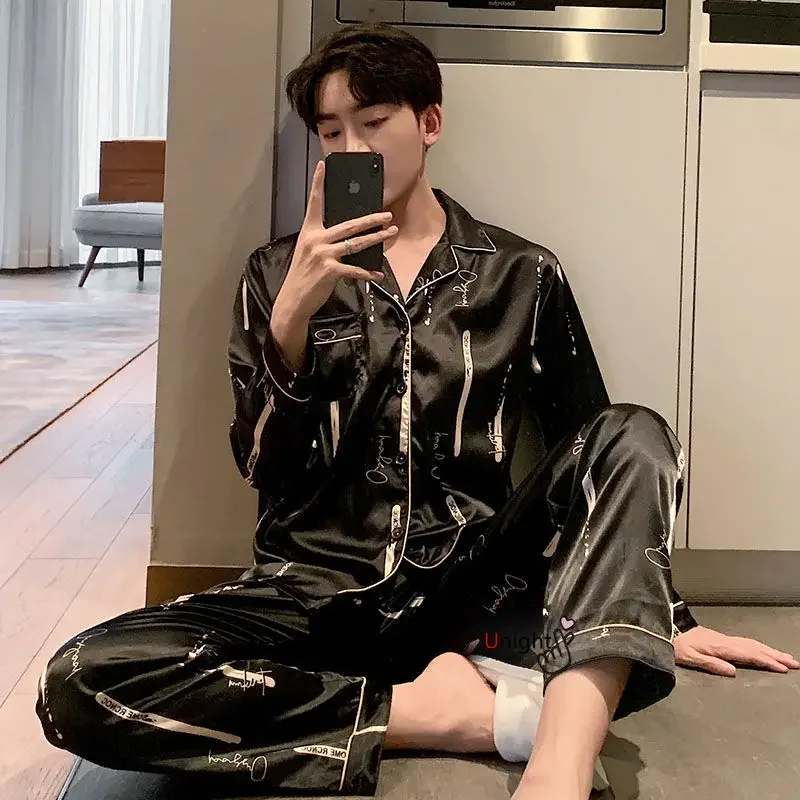 Silk Pajamas Men Full Body Pajama Set for Autumn Winter 5XL