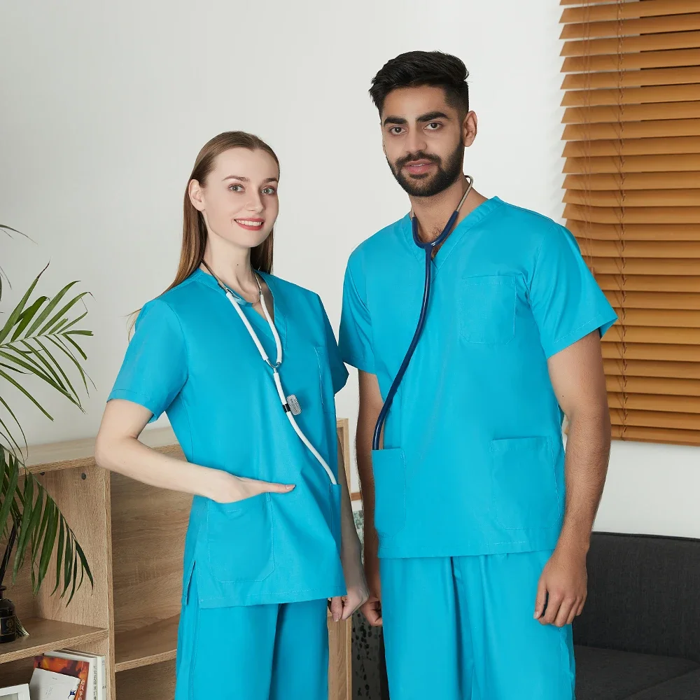 Men's Solid Color Medical Uniform Set Male Clinic Hospital Doctor Overalls V-neck Fashion Scrub Pharmacy Nurse Clothes