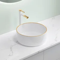 Marble patterned modern circular ceramic bathroom sink, freestanding washbasin, luxurious gold edged washbasin(excluding faucet) 1